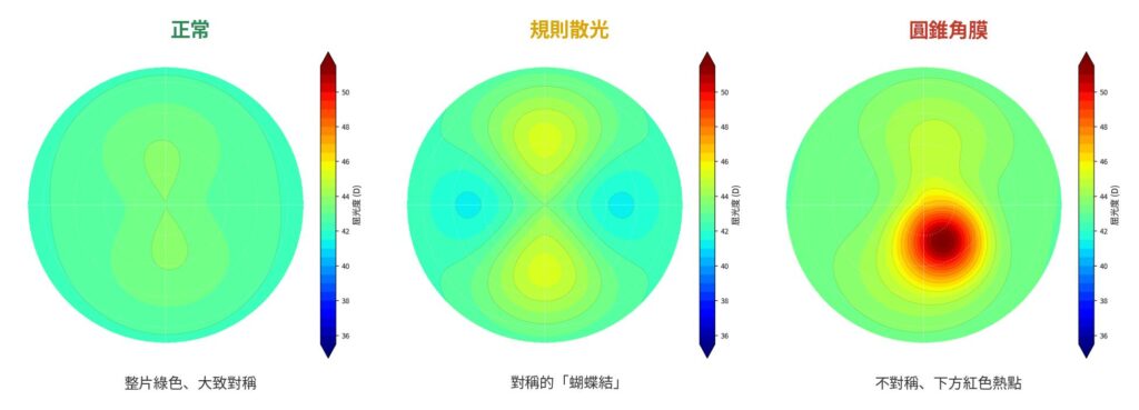 同一把色尺下的三種型態。左：正常，整片綠色、大致對稱。中：規則散光，對稱的「蝴蝶結」。右：圓錐角膜，不對稱、下方紅色熱點。（模擬示意圖）