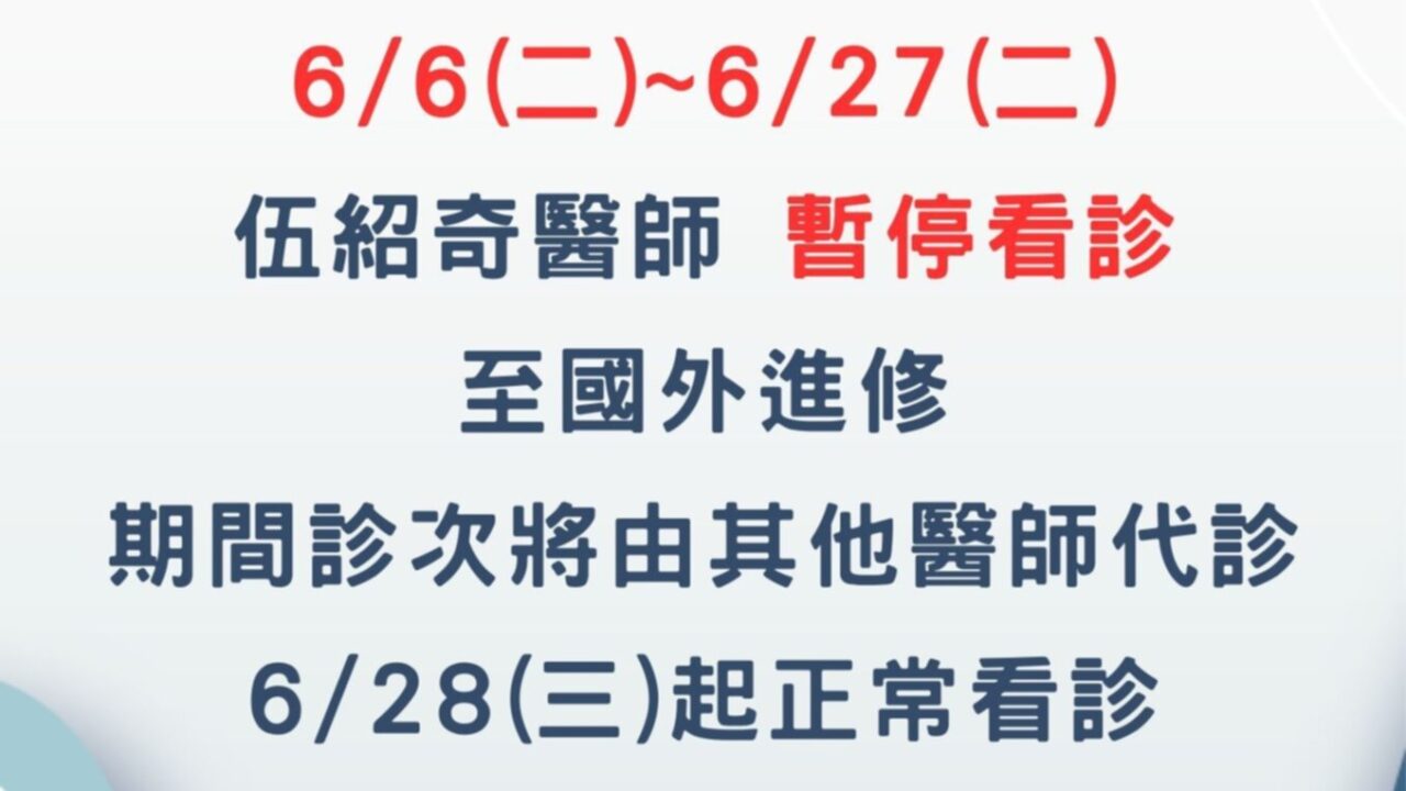 伍紹奇醫師6月門診調整公告